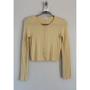 Ultra Flirt Women Yellow Cable Knit Button Front Cropped Cardigan Sweater Large